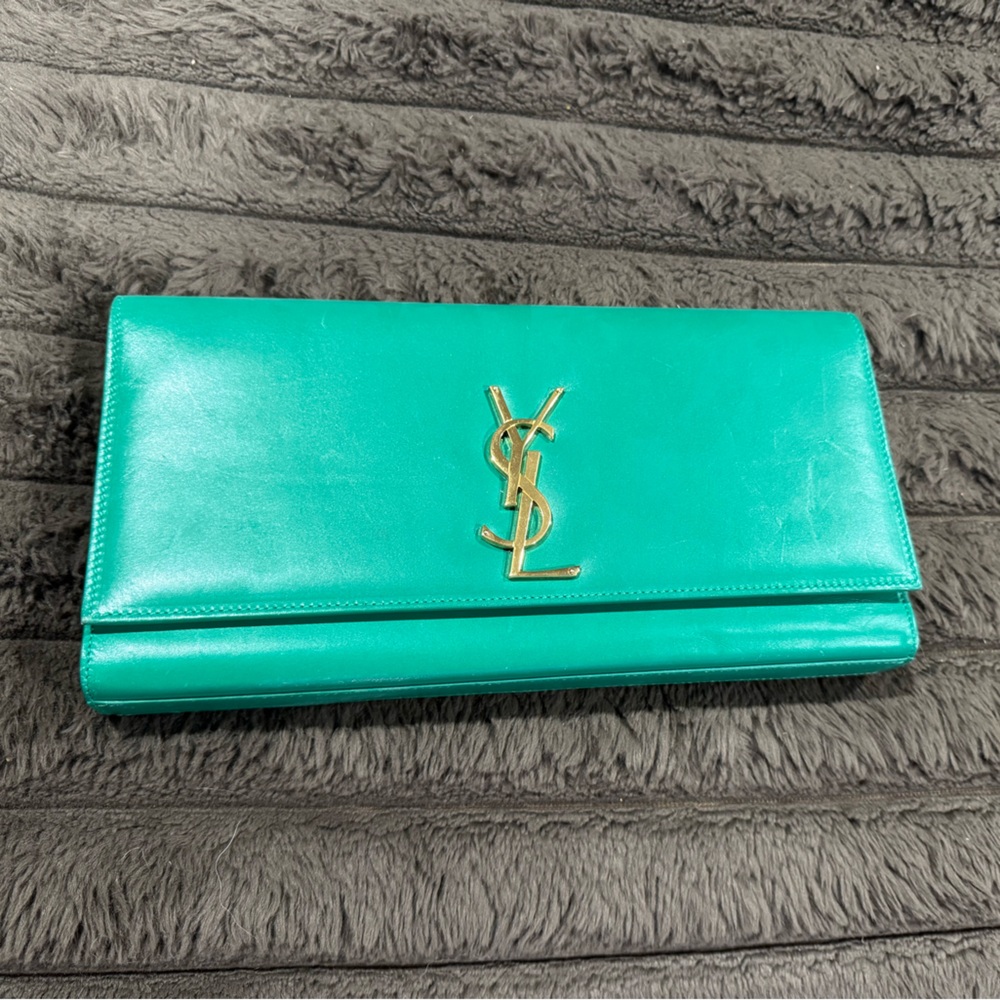 Yves Saint Laurent Turquoise Clutch with Gold Logo